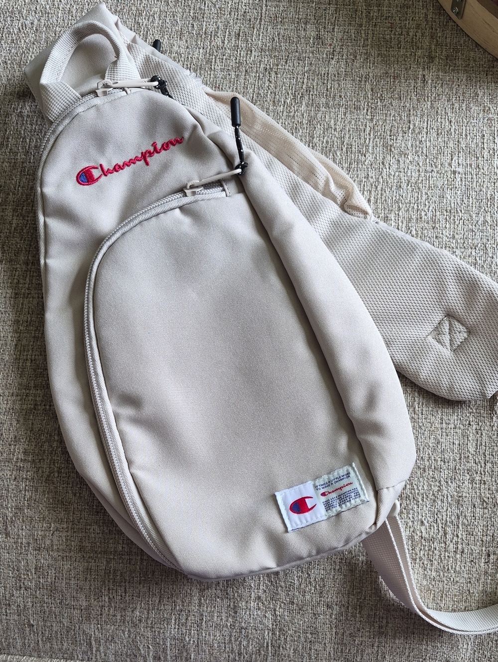 Champion Beige Sling Bag with Red & Blue Logo